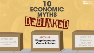 Cartoon cardboard box on a conveyer belt with a label that says "Myth #9: Corporate Tax Cuts Create Jobs"